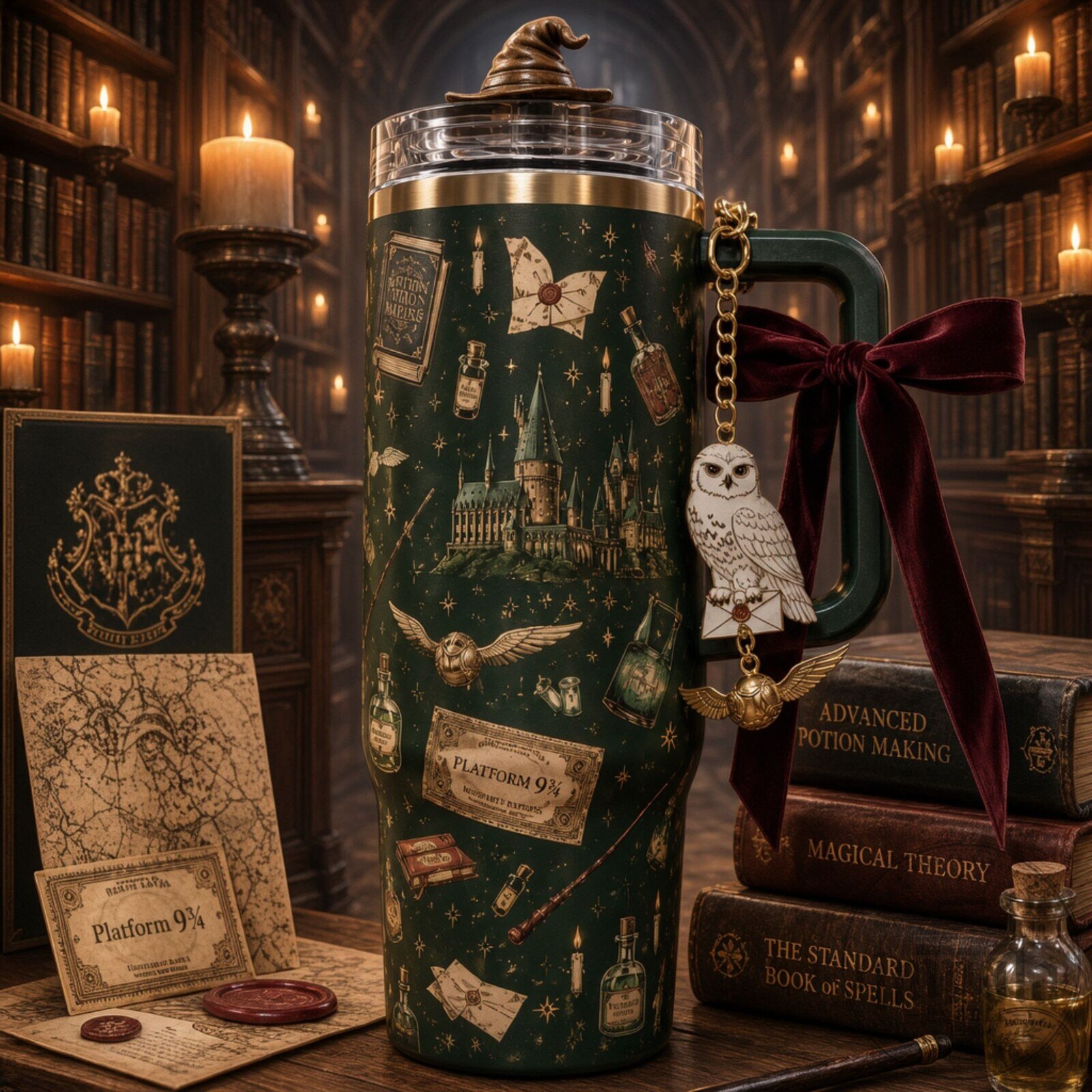 Harry Potter Hogwarts Tumbler With Hedwig Charm Green Tumbler