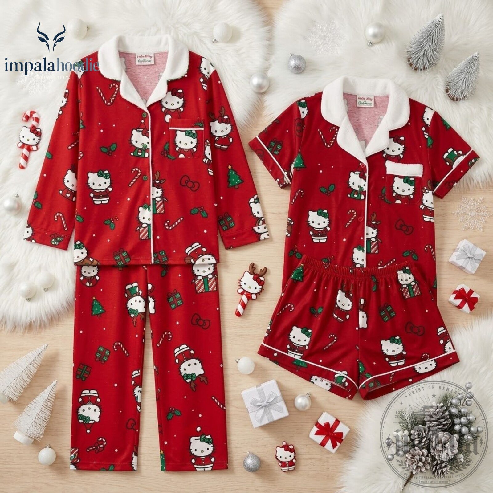 Christmas Hello Kitty Short & Long Red Pajama Set