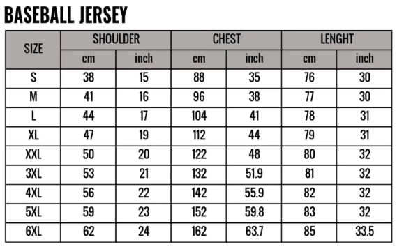 Baseball Jersey Size Chart