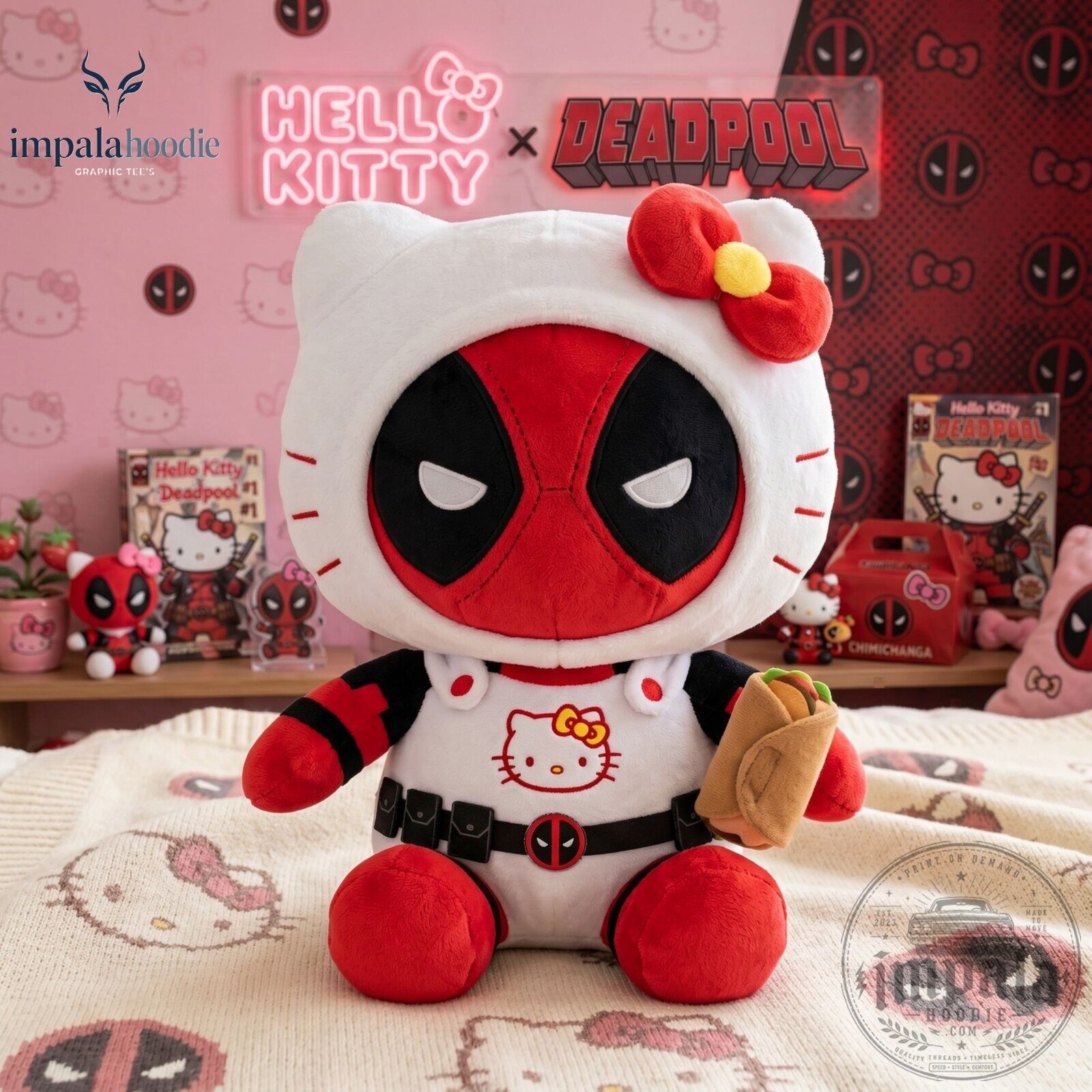 Hello Kitty x Deadpool Holding Chimichanga Cute Crossover Plush Toy