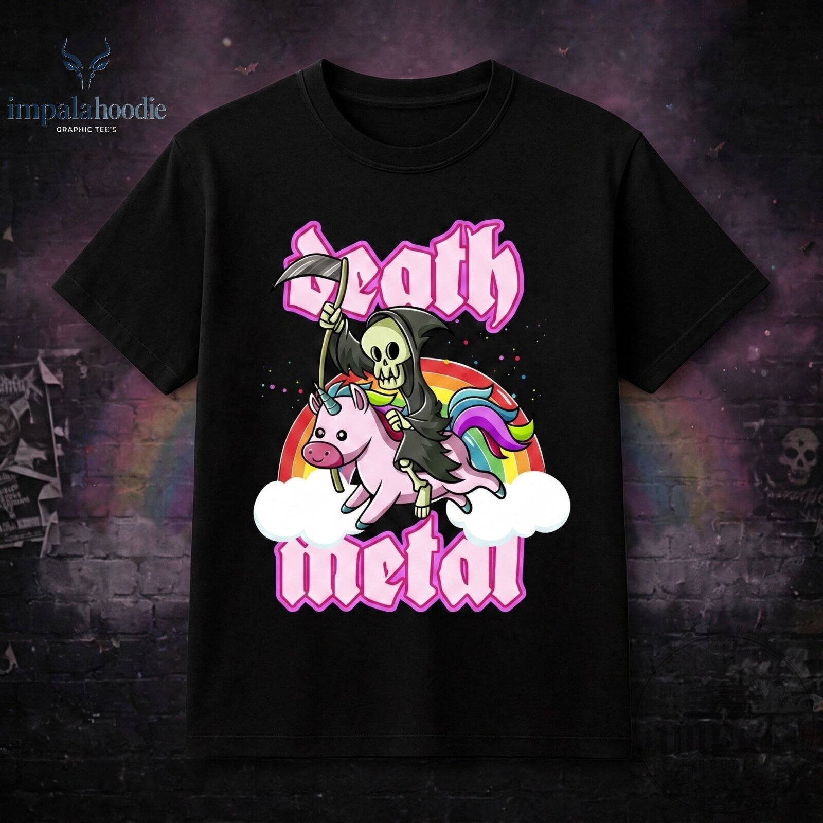 Death Metal Grim Reaper Riding Unicorn Graphic T-Shirt