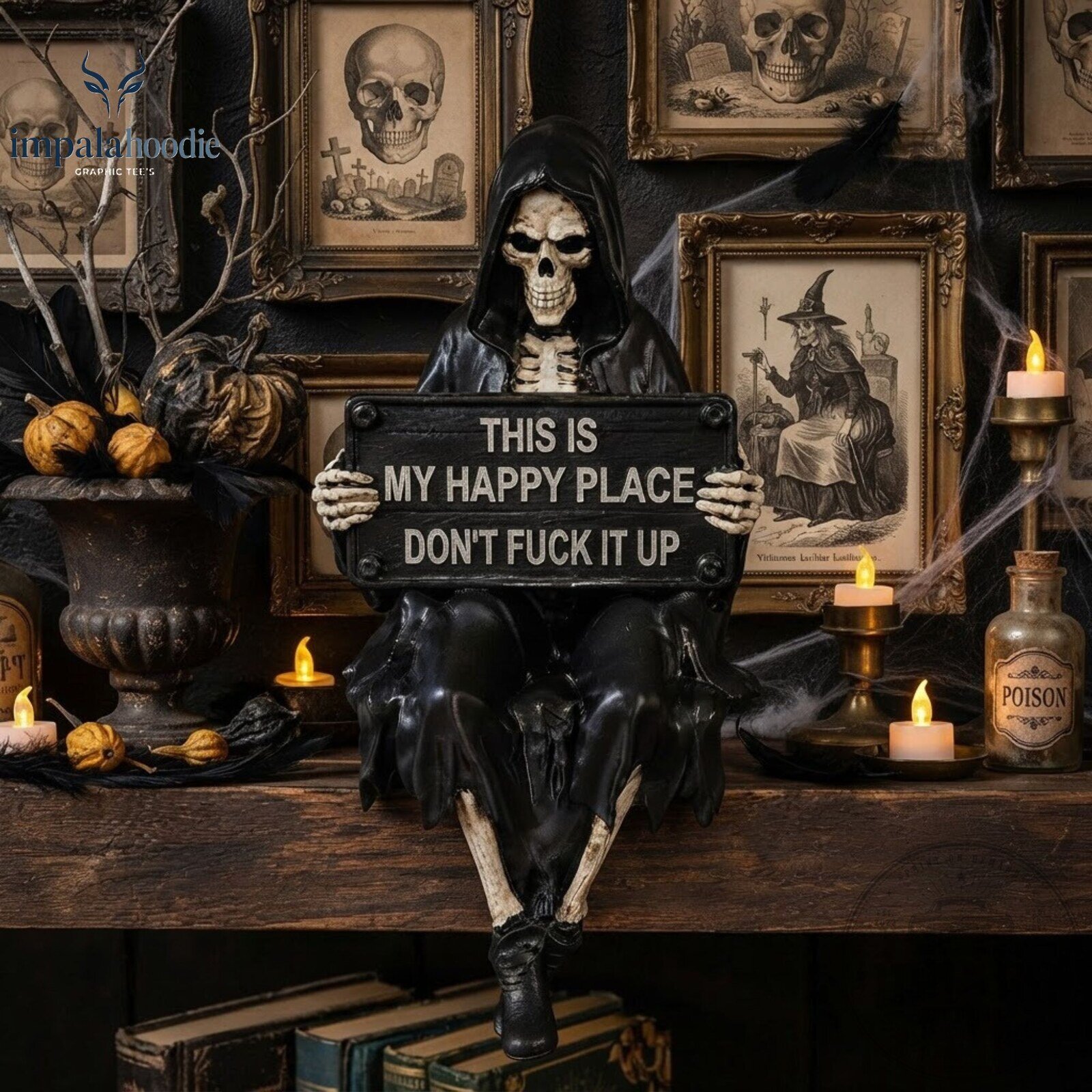 Skeleton Grim Reaper Holding This Is My Happy Place Sign Halloween Decor Figure
