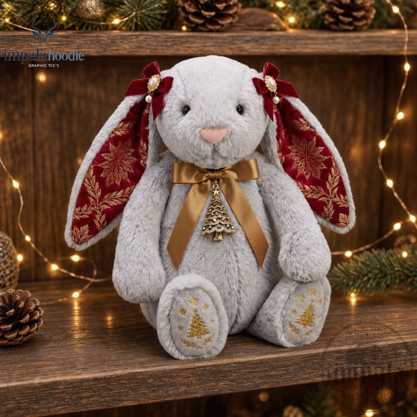 Christmas Bunny With Red Velvet Bow Festive Plush Toy
