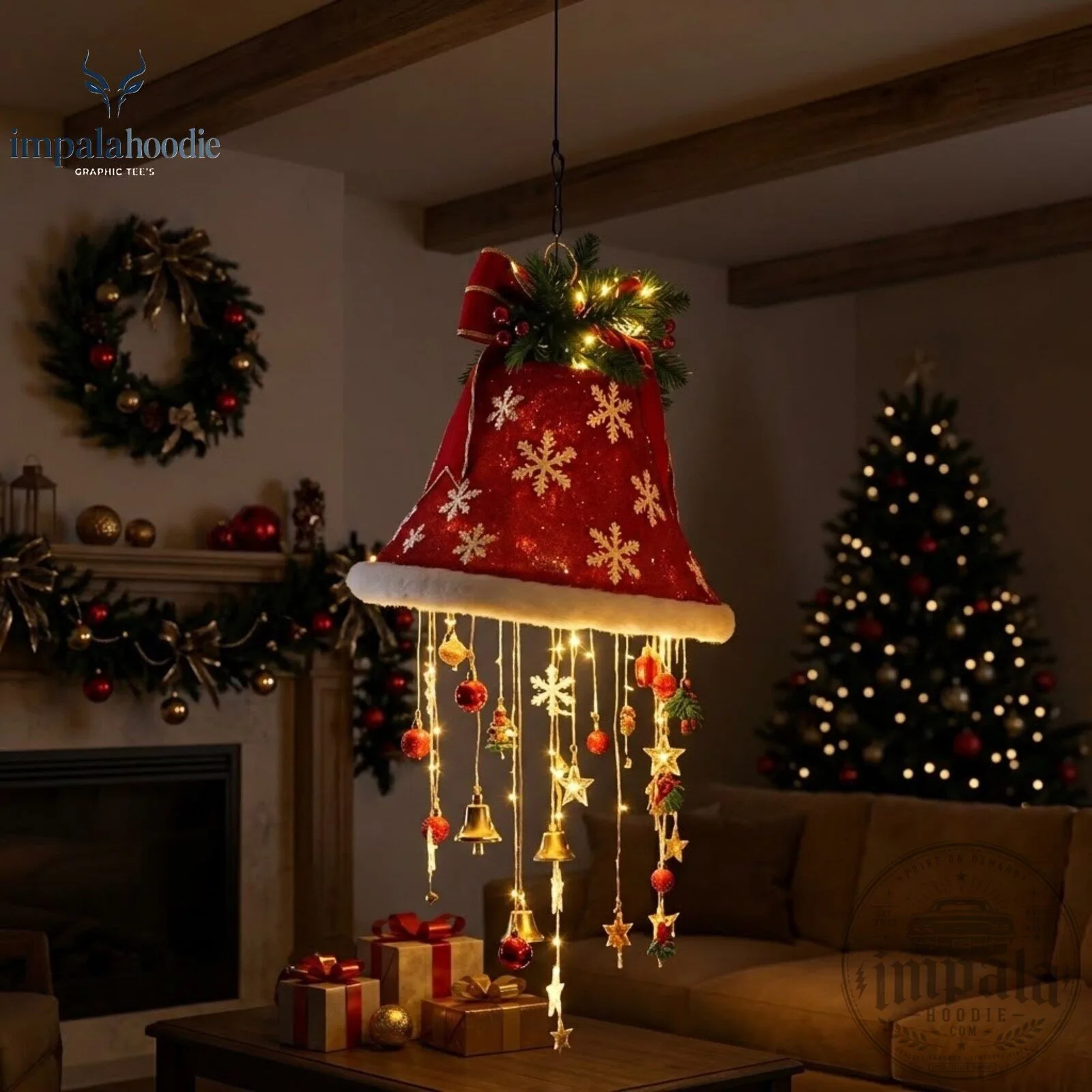 Red Christmas Bell Hanging Light With Festive Ornament