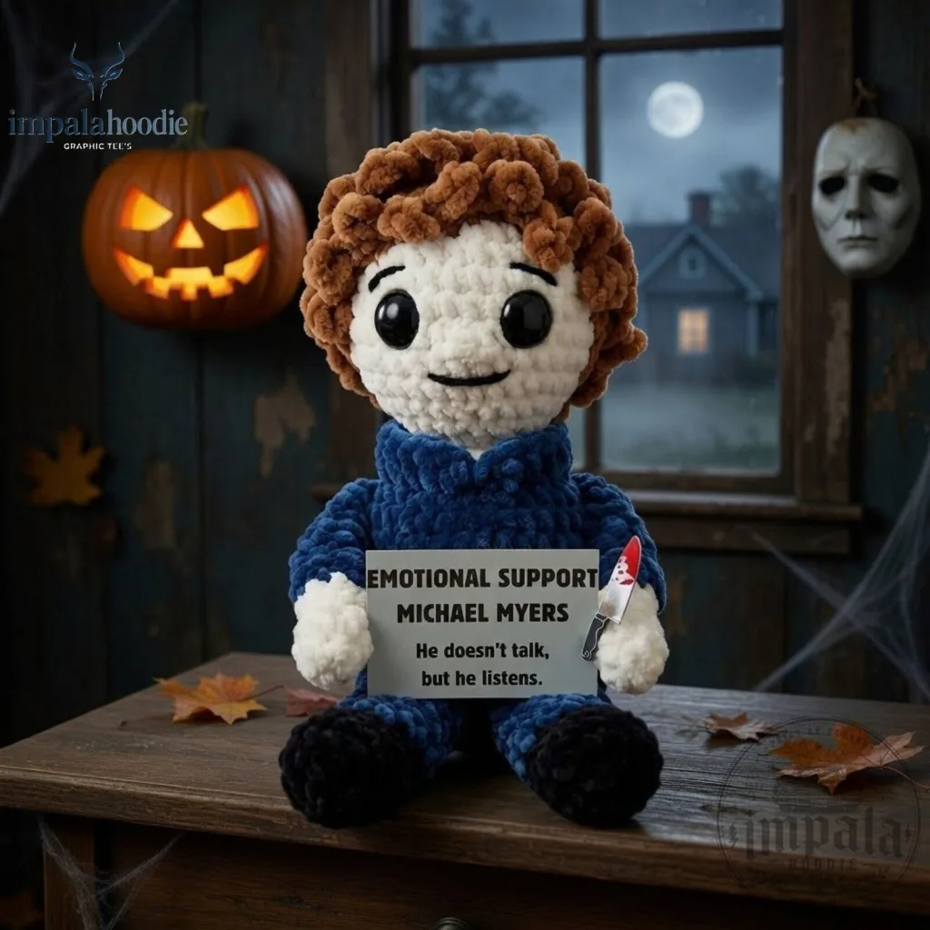 "Top Halloween Gifts: Plush, Jaws Cup, Jack Sparrow, Funny Tee" 9 Emotional Support Michael Myers Halloween Character Plush Toy