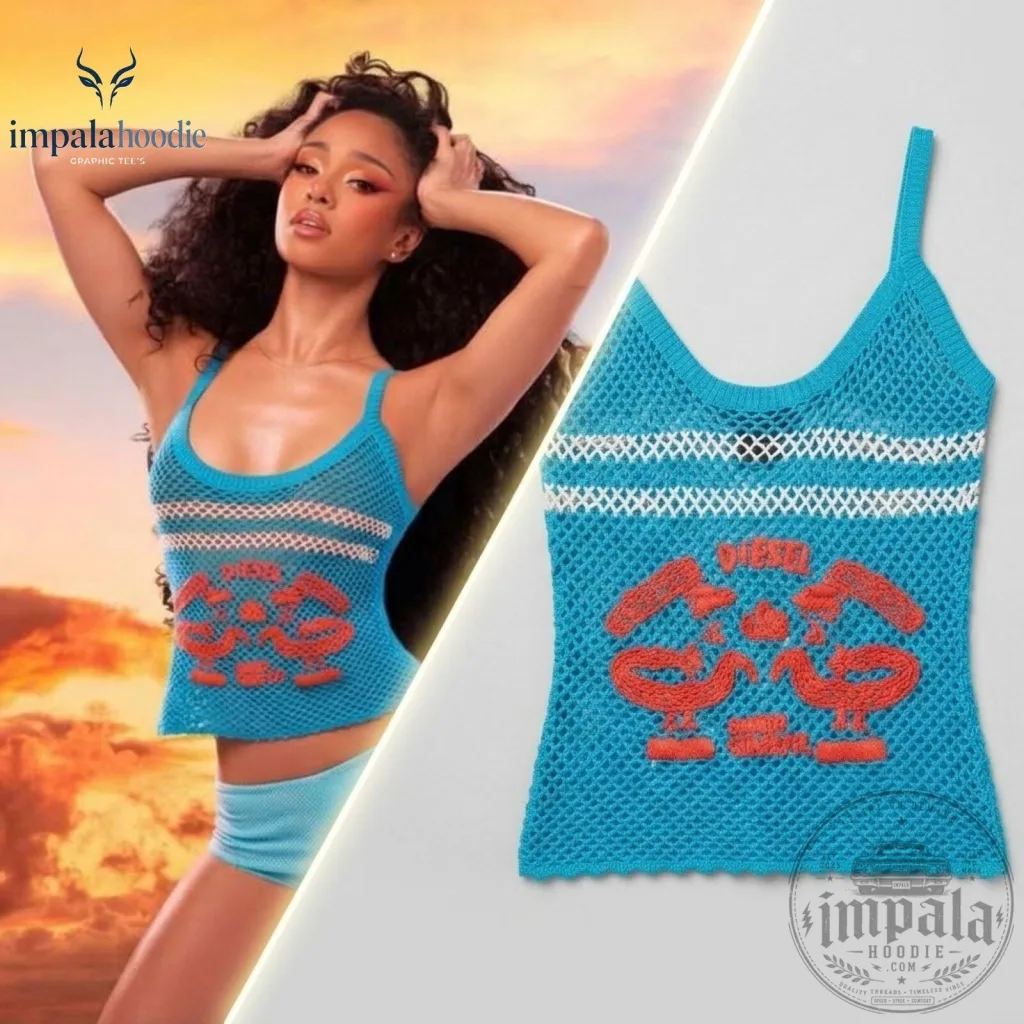 "Stylish Manon Blue Mesh Red Crochet Tank Tops: Buy Now" 42 Manon Blue Mesh With Red Graphic Crochet Tank Top