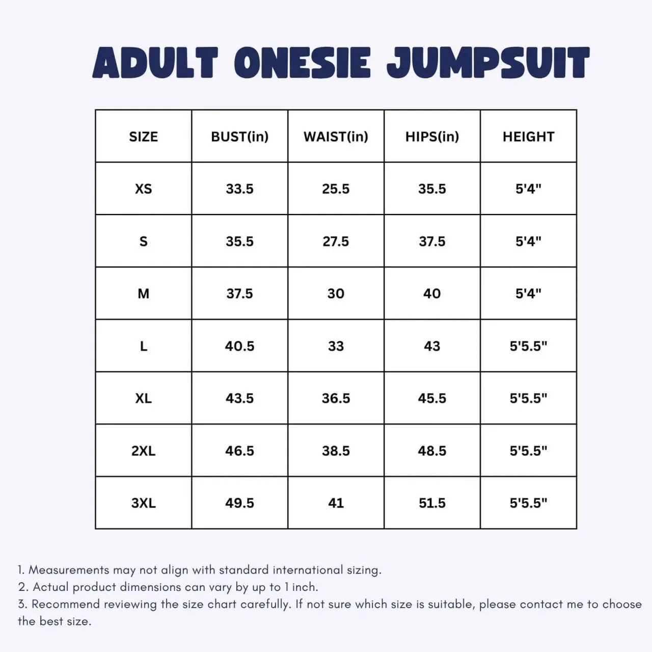 Adult Onesie Jumpsuit Size Chart