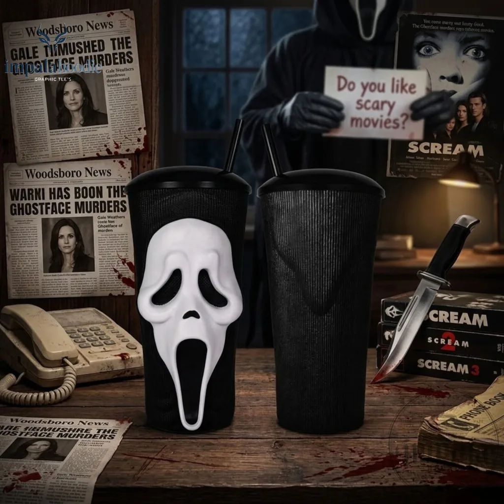 "Ghostface and Betty Boop Elvira Merch: Tumbler and Tote Highlights" 37 Ghostface Scream Horror Movie Merch Tumbler With Straw