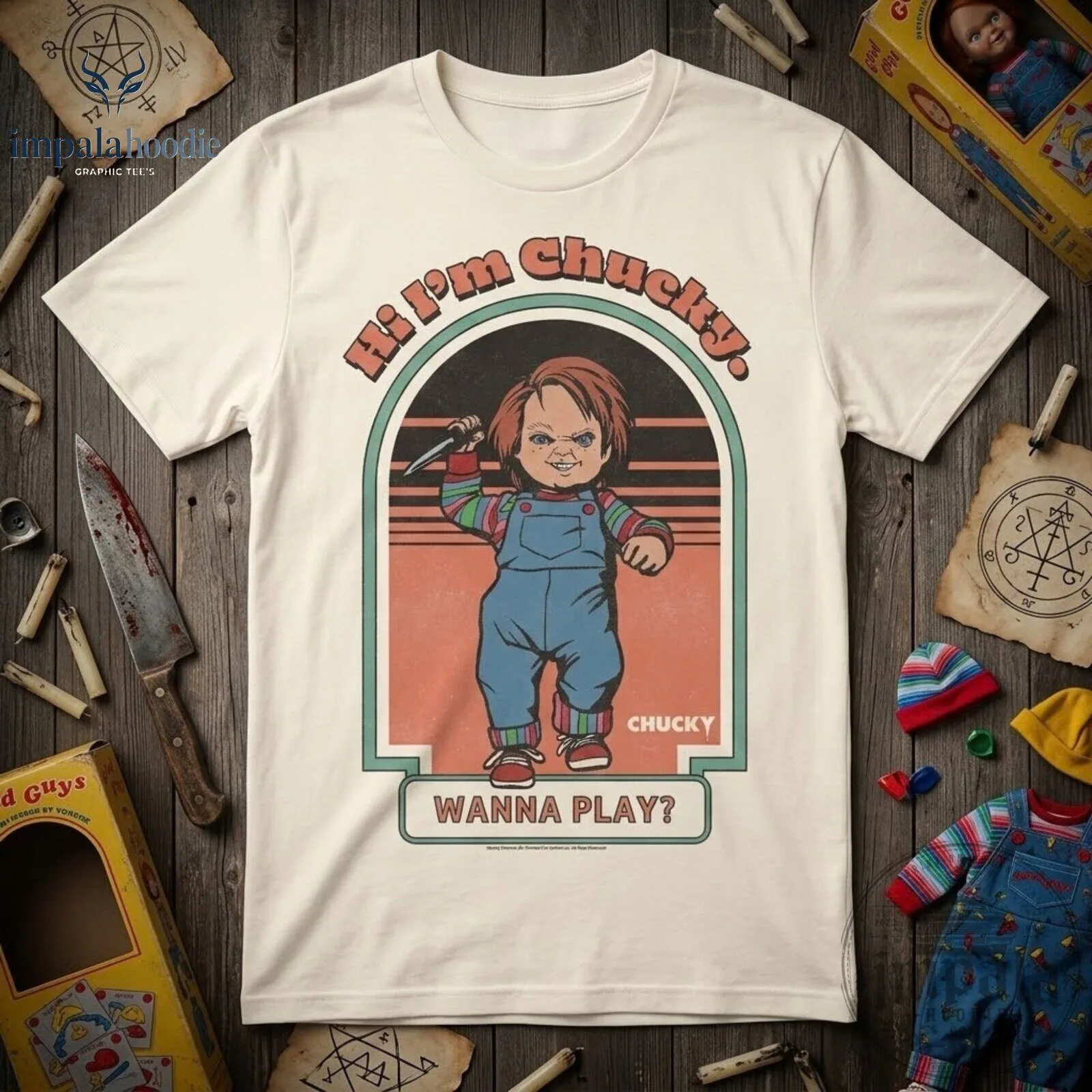 Childs Play Chucky Holding Knife Hi I'm Chucky Wanna Play 80s Classic Horror Movie T-Shirt