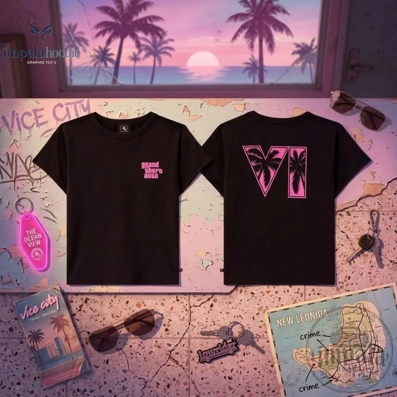 Rockstar Grand Theft Auto VI GTA Black T-Shirt With Pink Logo