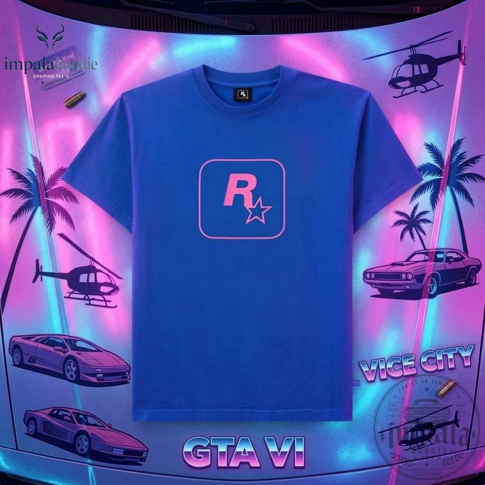Rockstar Games Blue T-Shirt With Pink Logo