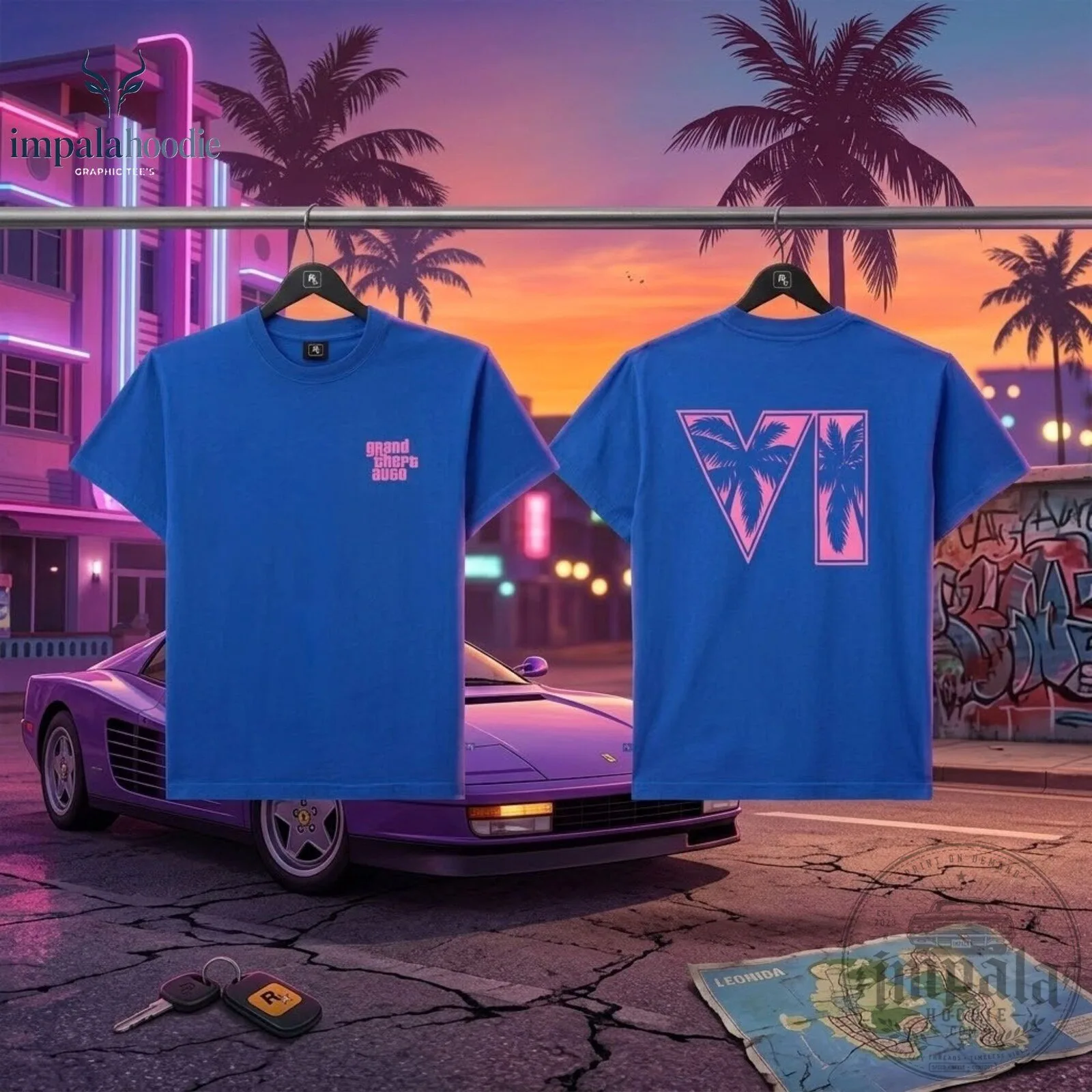 Rockstar Grand Theft Auto VI GTA 6 Blue T-Shirt With Pink Logo