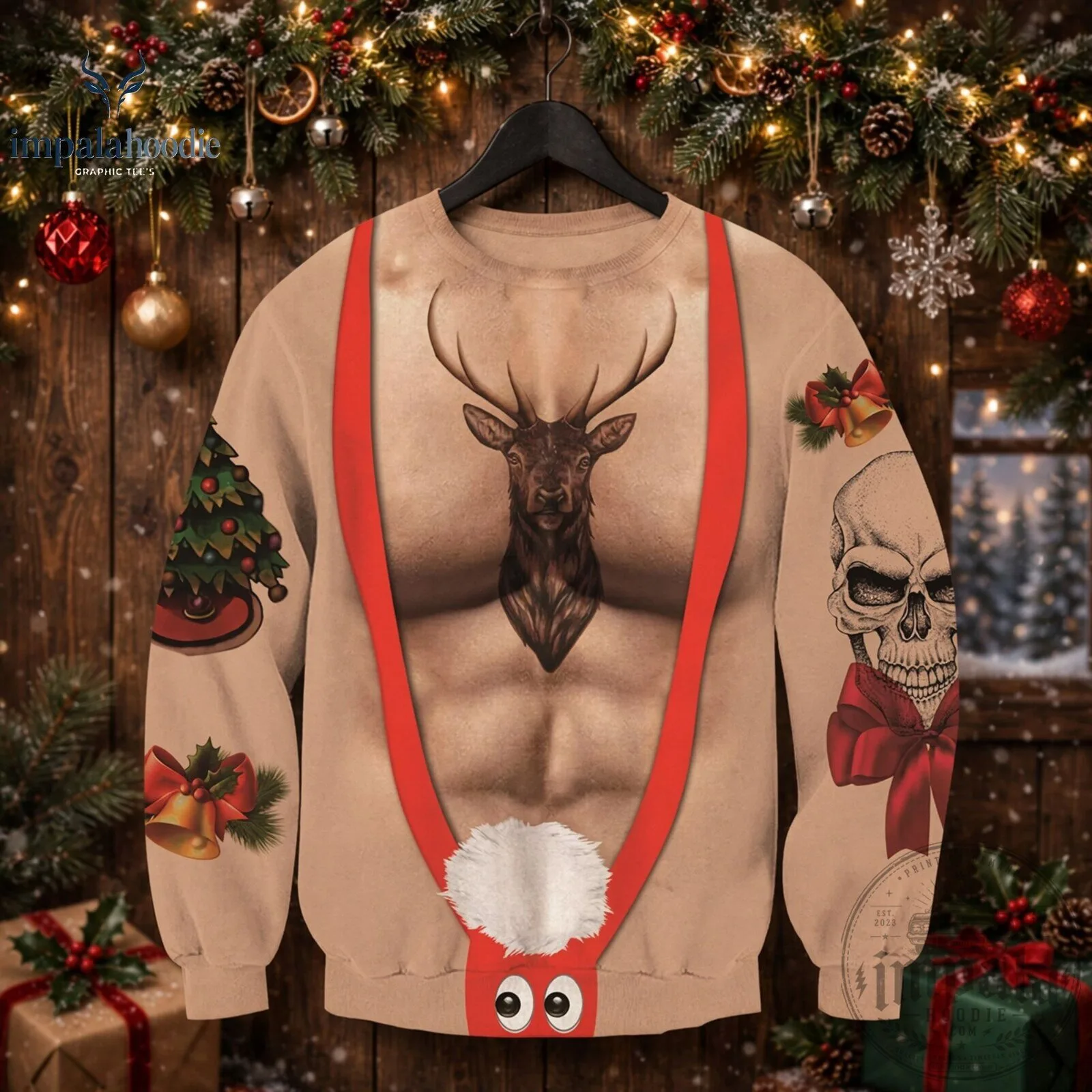 Funny Reindeer Muscle Body With Tatoo Ugly Christmas Sweater