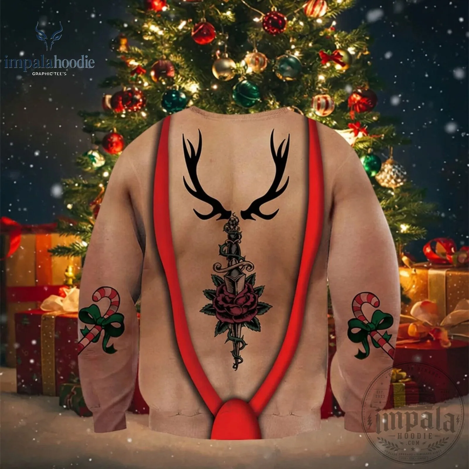 Funny Reindeer Muscle Body With Tatoo Ugly Christmas Sweater 9 Funny Reindeer Muscle Body With Tatoo Ugly Christmas Sweater