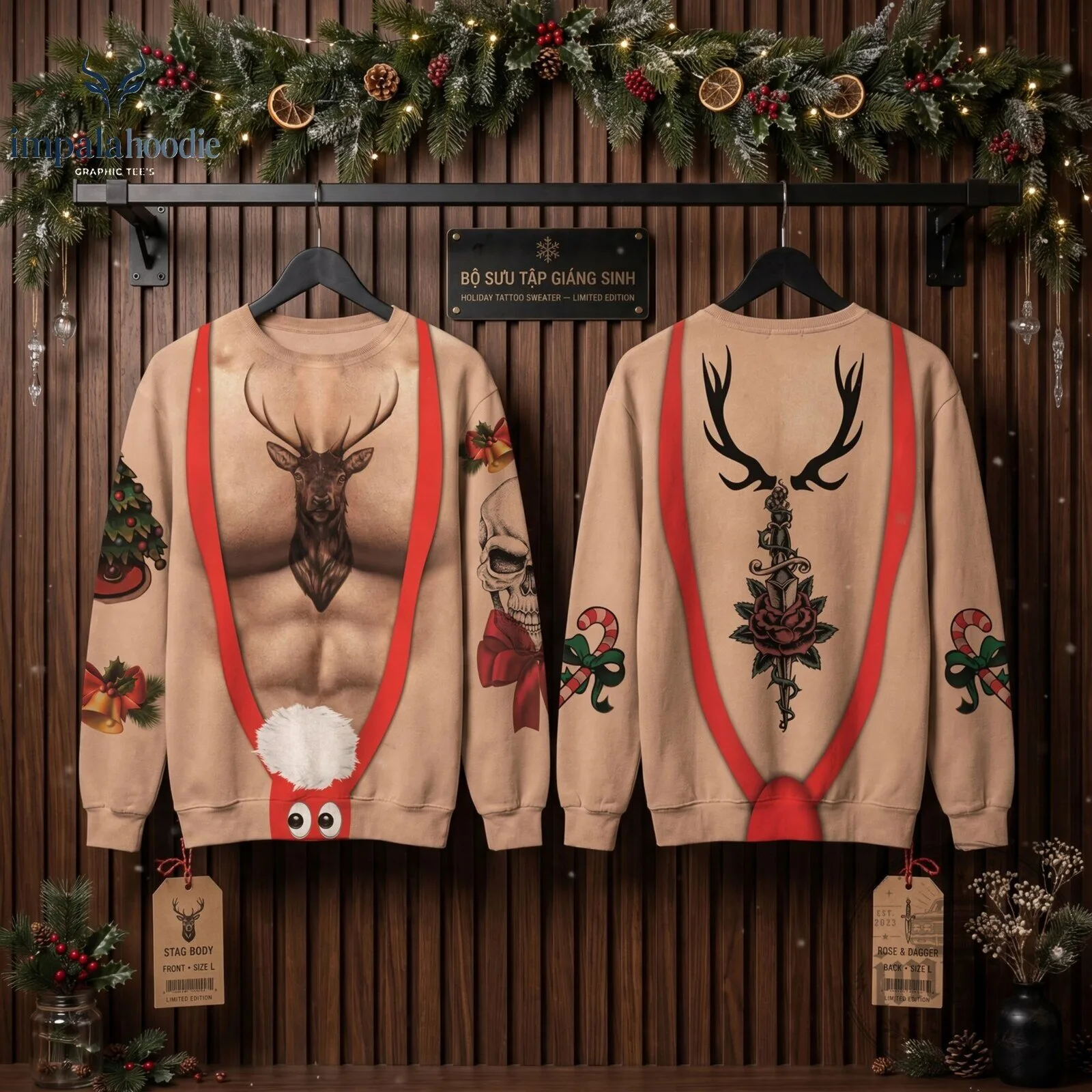 Funny Reindeer Muscle Body With Tatoo Ugly Christmas Sweater 10 Funny Reindeer Muscle Body With Tatoo Ugly Christmas Sweater