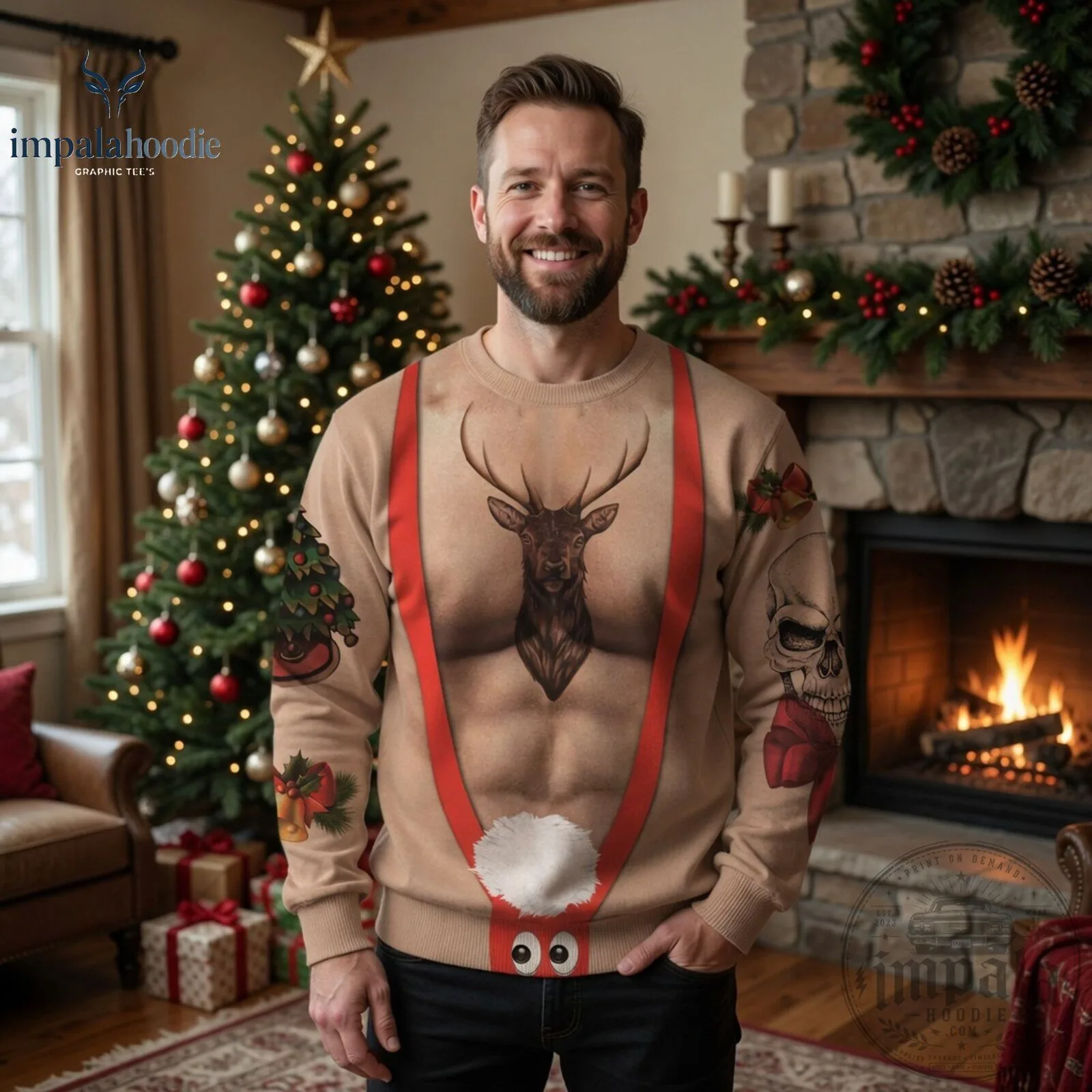 Funny Reindeer Muscle Body With Tatoo Ugly Christmas Sweater 11 Funny Reindeer Muscle Body With Tatoo Ugly Christmas Sweater