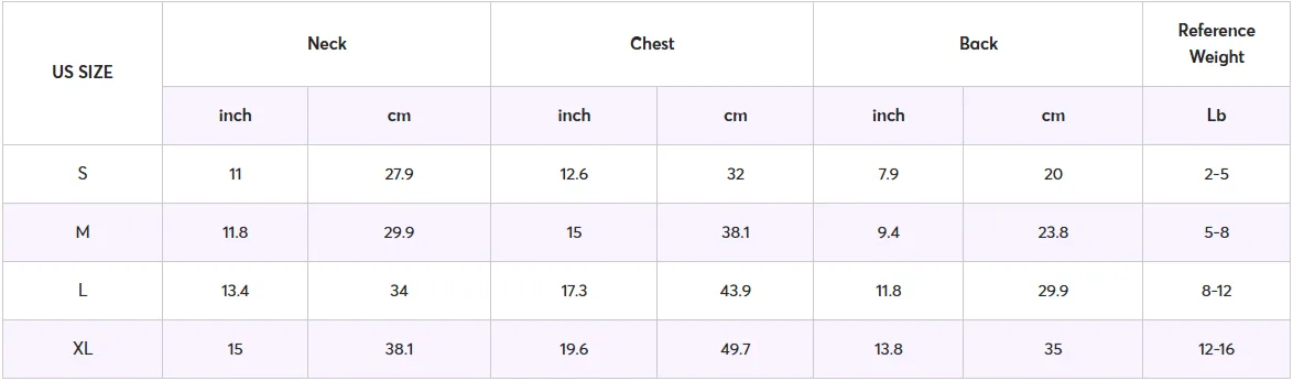 Pet Hoodie Size Chart