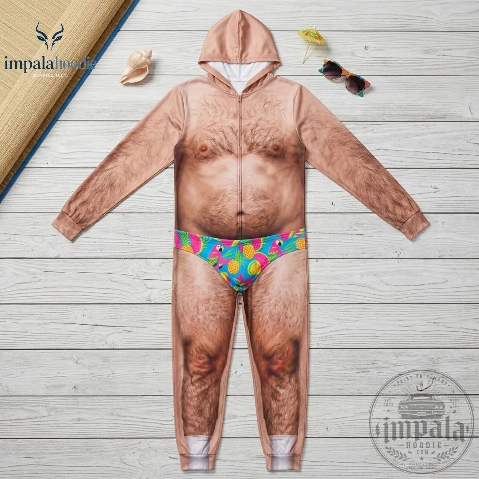 Funny Hairy Men Wearing Swim Briefs Hooded Jumpsuit
