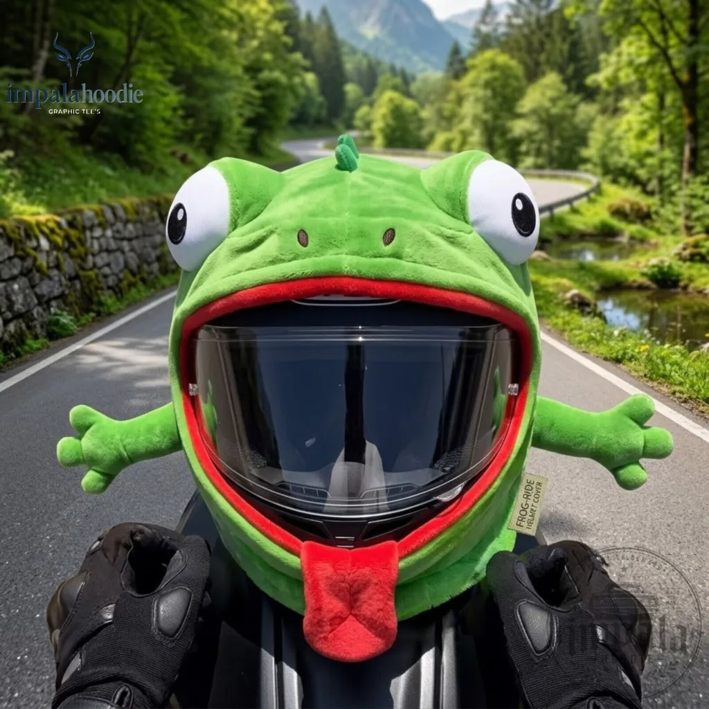 Green Frog With Big Eyes & Long Red Tongue Plush Motorcycle Helmet Cover Green Frog With Big Eyes & Long Red Tongue Plush Motorcycle Helmet Cover