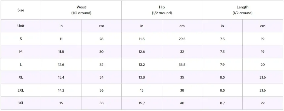 Women Thong Size Chart