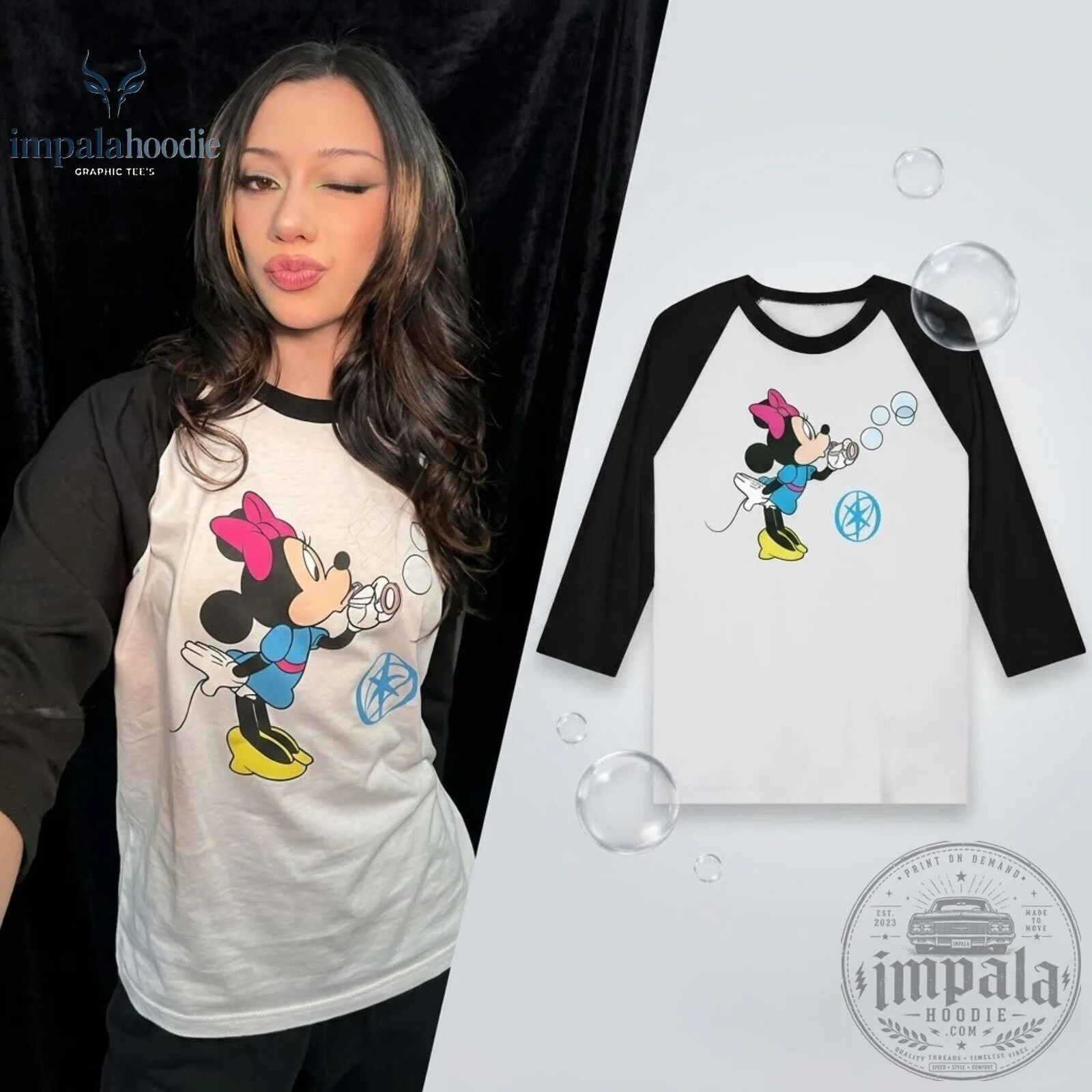 KATSEYE Megan x Mickey & Minnie Blowing Bubble White & Black Raglan Sleeve T-Shirt 4 KATSEYE Megan x Mickey & Minnie Blowing Bubble White & Black Raglan Sleeve T-Shirt