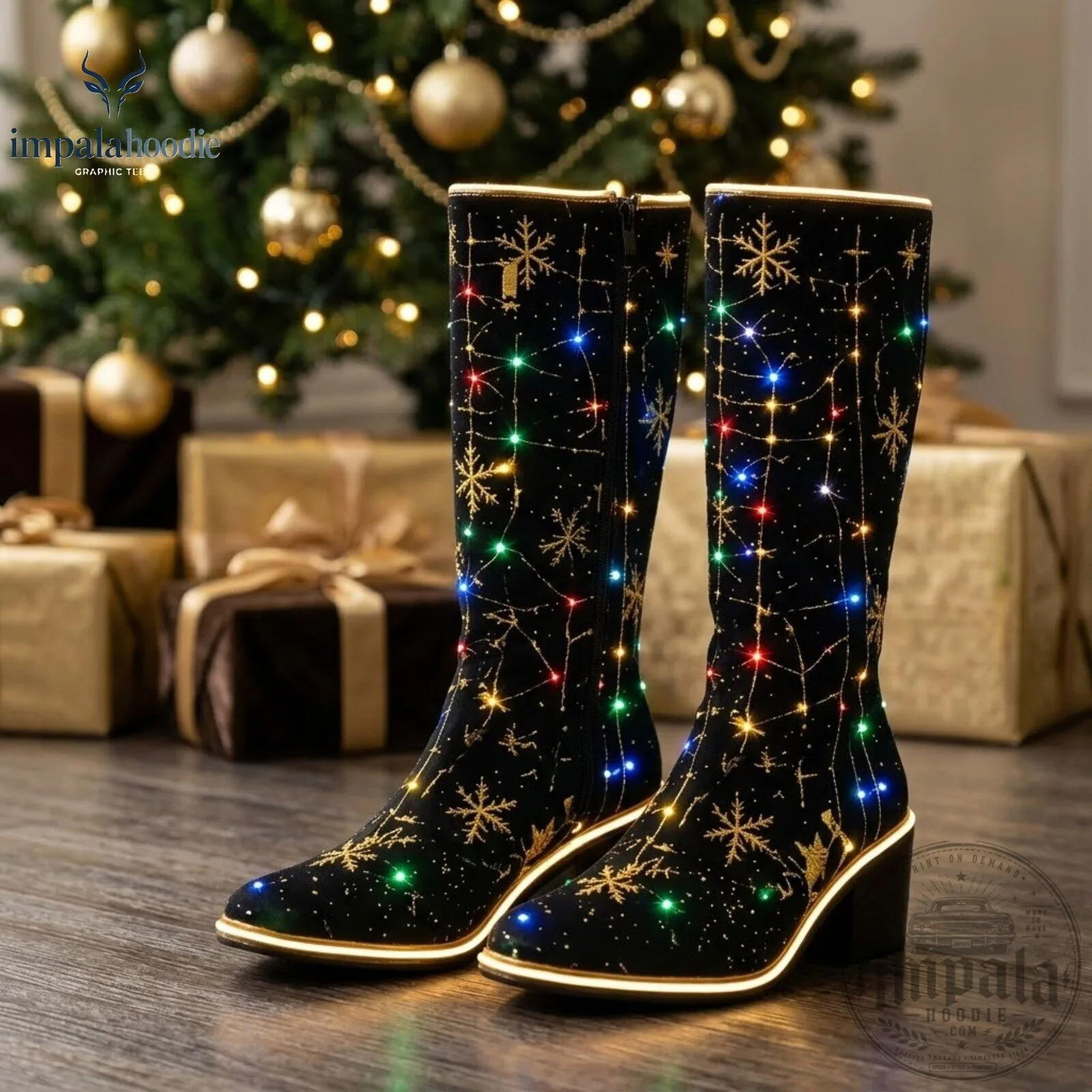 Mistletoe And Gold Snowflake Pattern Green Christmas Knee High Boots With Colorful Lights
