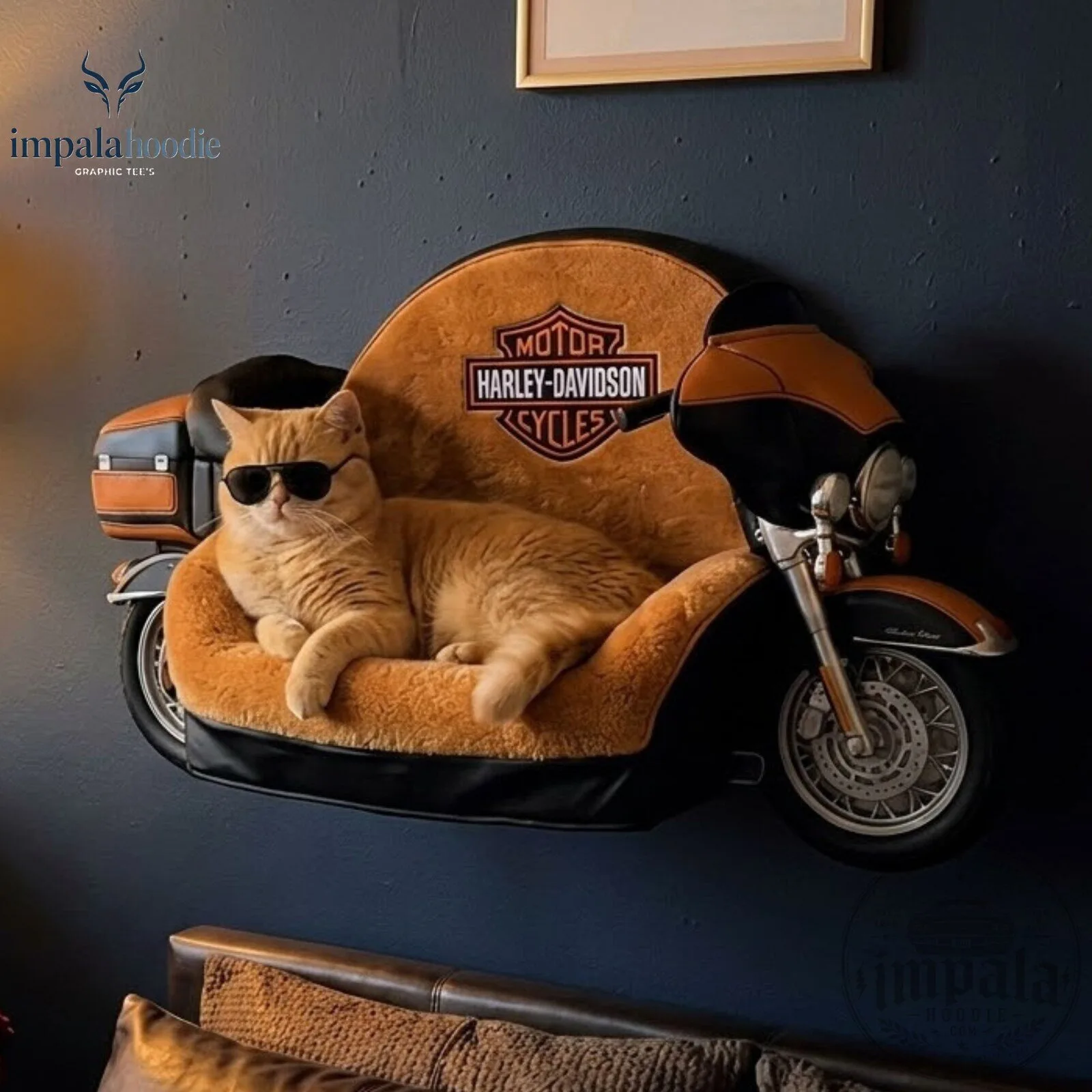 Harley Davidson Motorcycle Inspired Orange And Black Pet Bed For Cat & Dog