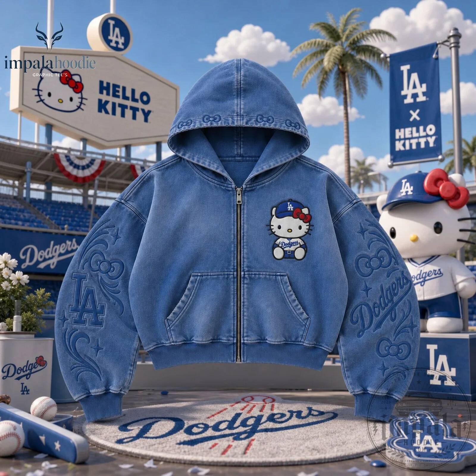 LA Dodgers x Hello Kitty Blue Denim Zip Up Hoodie