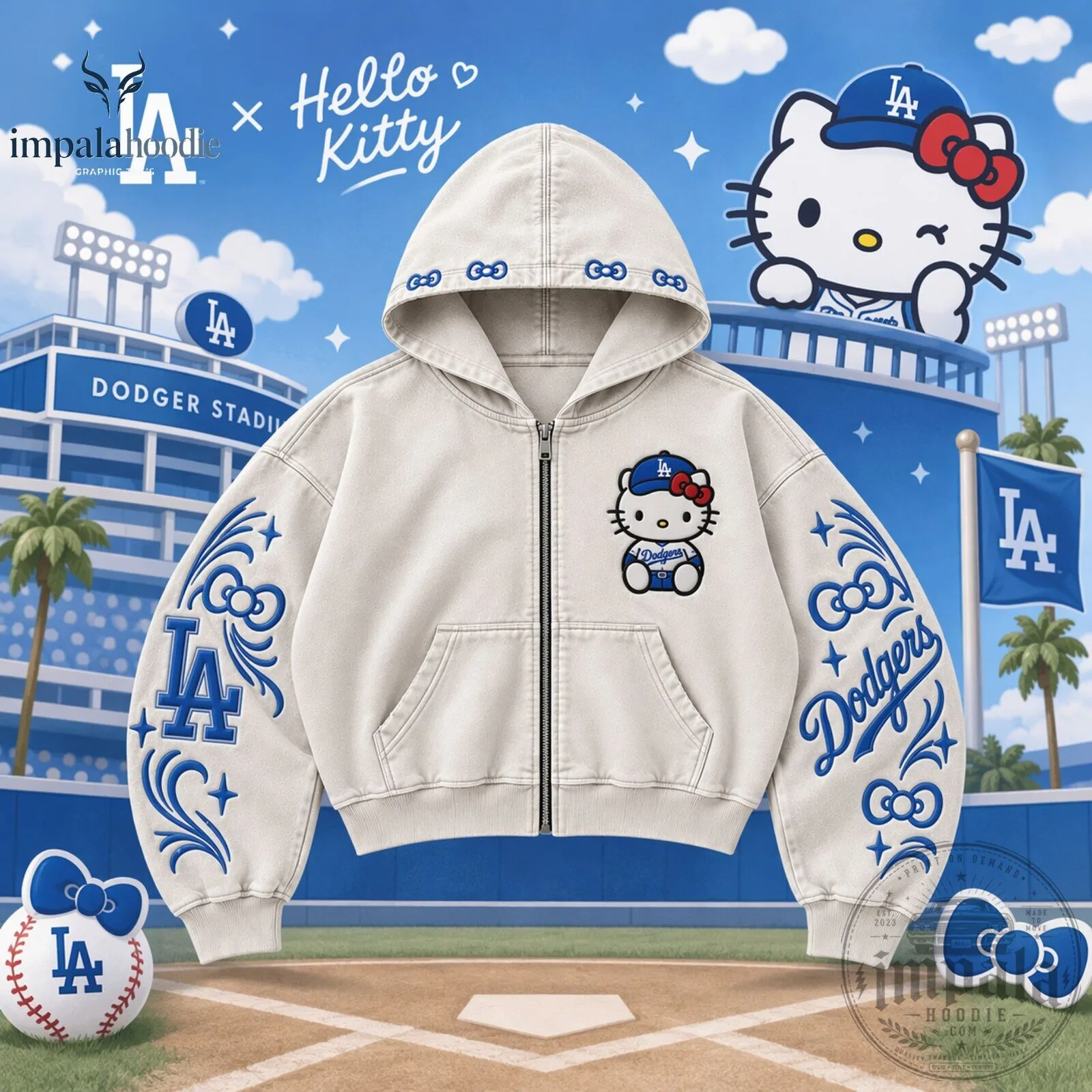LA Dodgers x Hello Kitty White & Blue Denim Zip Up Hoodie