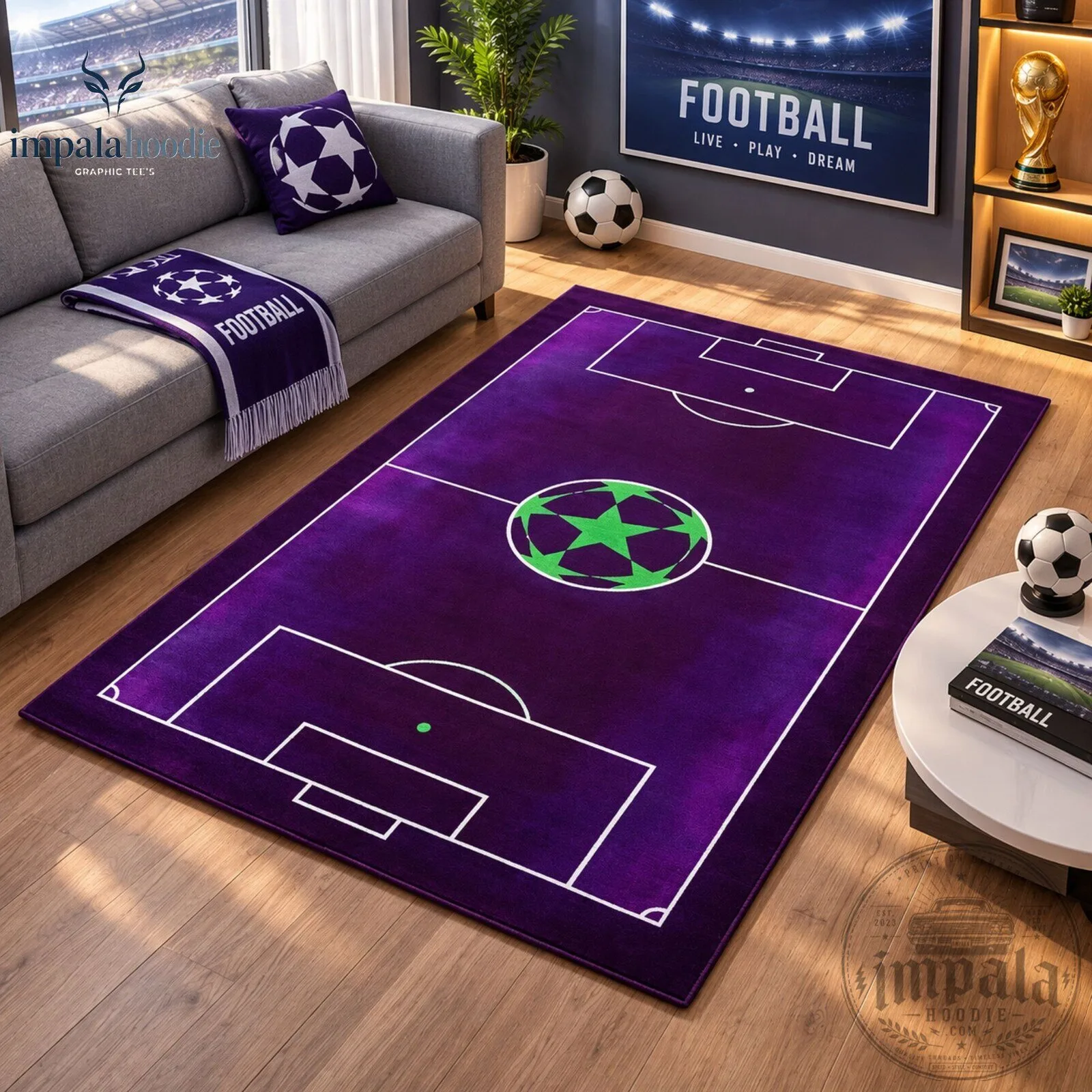 UEFA Champions League Star Ball Football Purple & Neon Green Soccer Field Area Rug 5 UEFA Champions League Star Ball Football Purple & Neon Green Soccer Field Area Rug