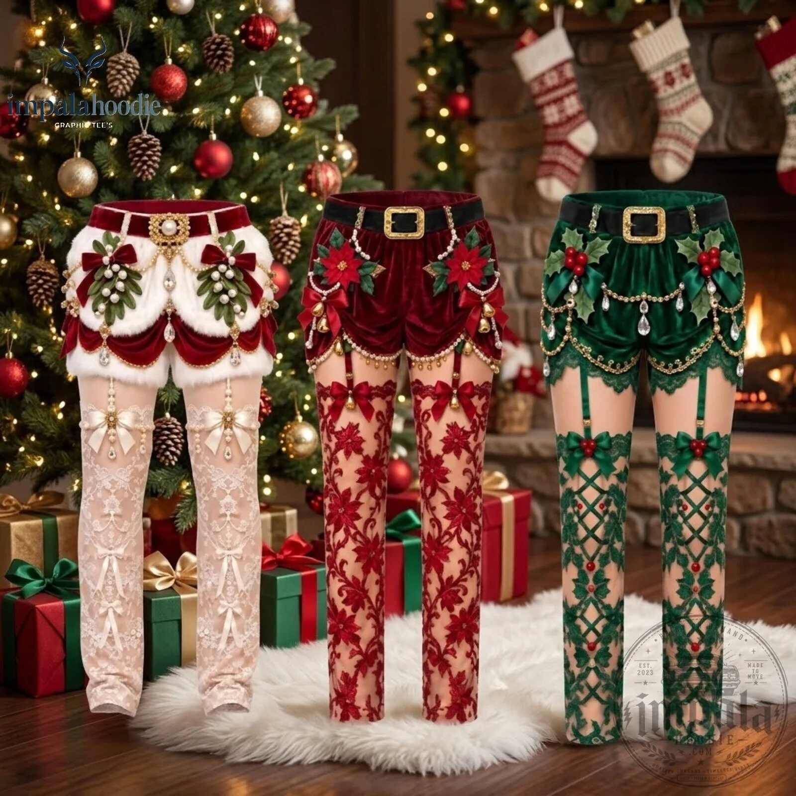 Sexy Santa Elf Lace Leggings With Holiday Embellishments Funny Christmas Illusion Pants