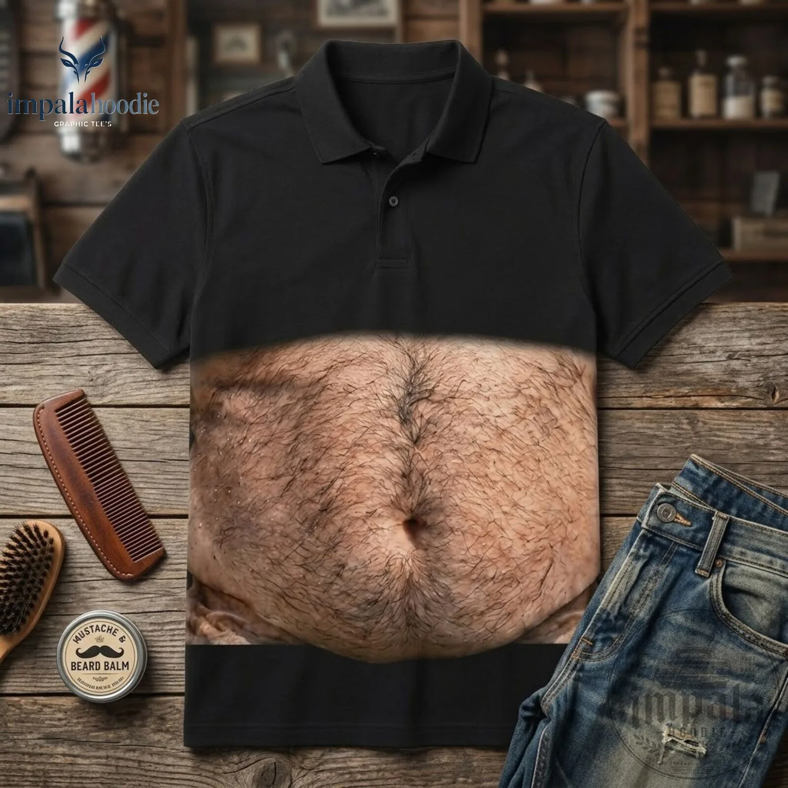 Funny Realistic Hairy Beer Belly Graphic Polo Shirt