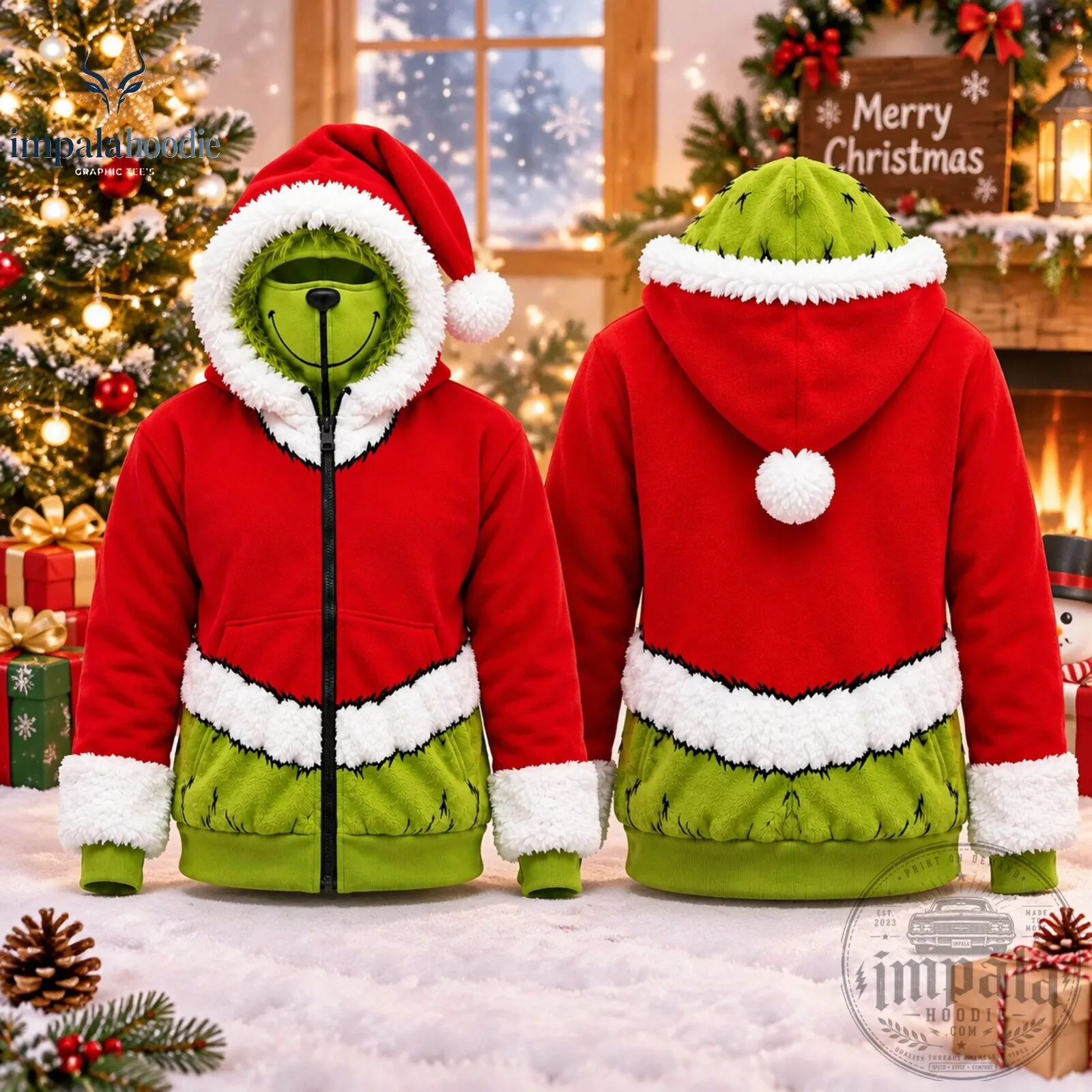 The Grinch Santa Claus Christmas Zip Up Hoodie With Face Cover