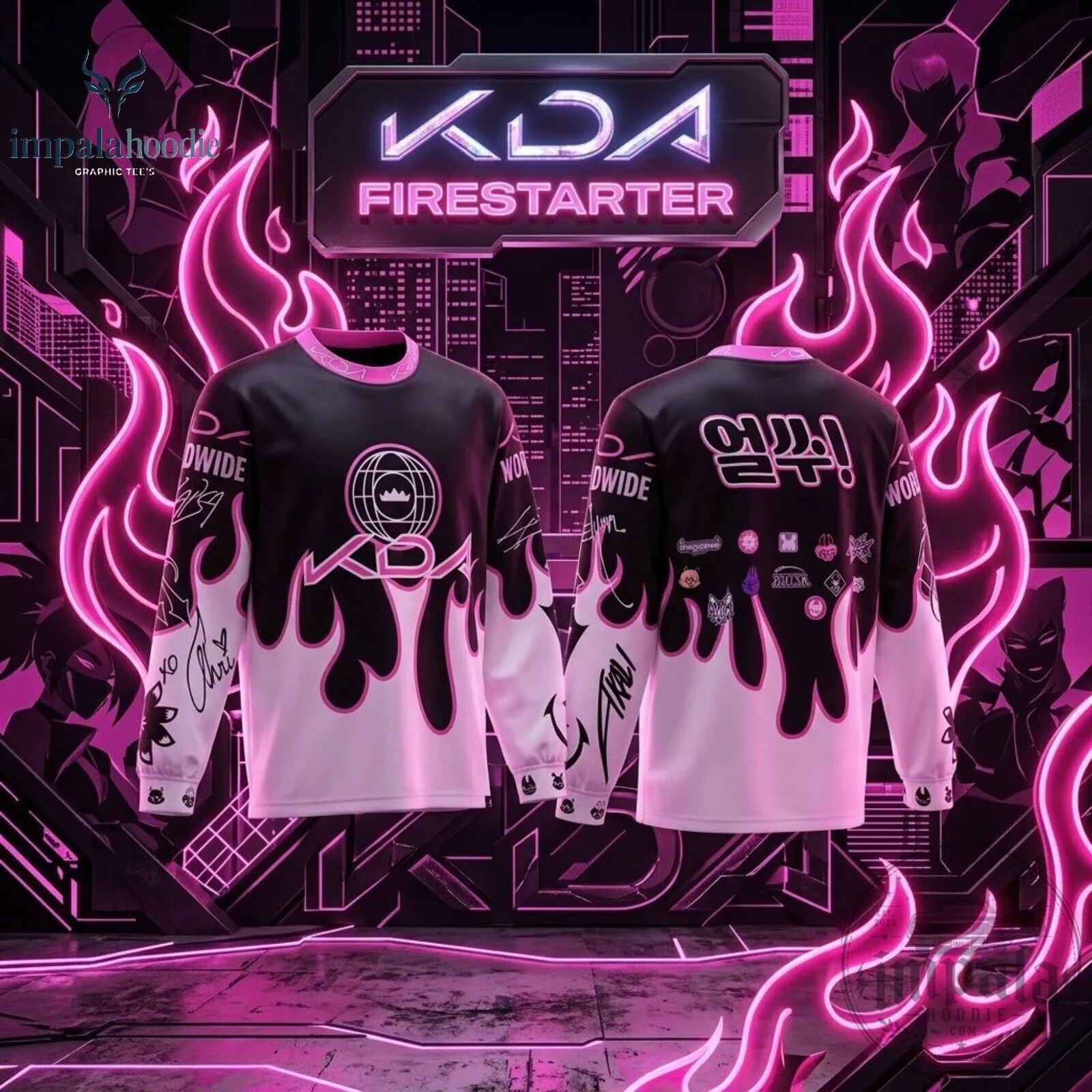 League Of Legends K/DA BLADES FIRESTARTER Black And White And Pink Long Sleeve Jersey