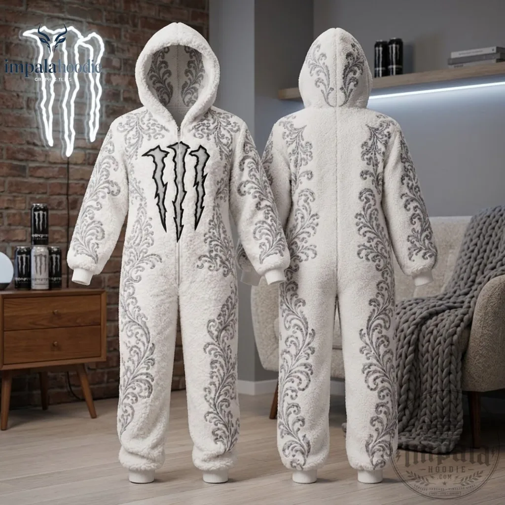 White Monster Energy Hooded Onesie Jumpsuit White Monster Energy Hooded Onesie Jumpsuit