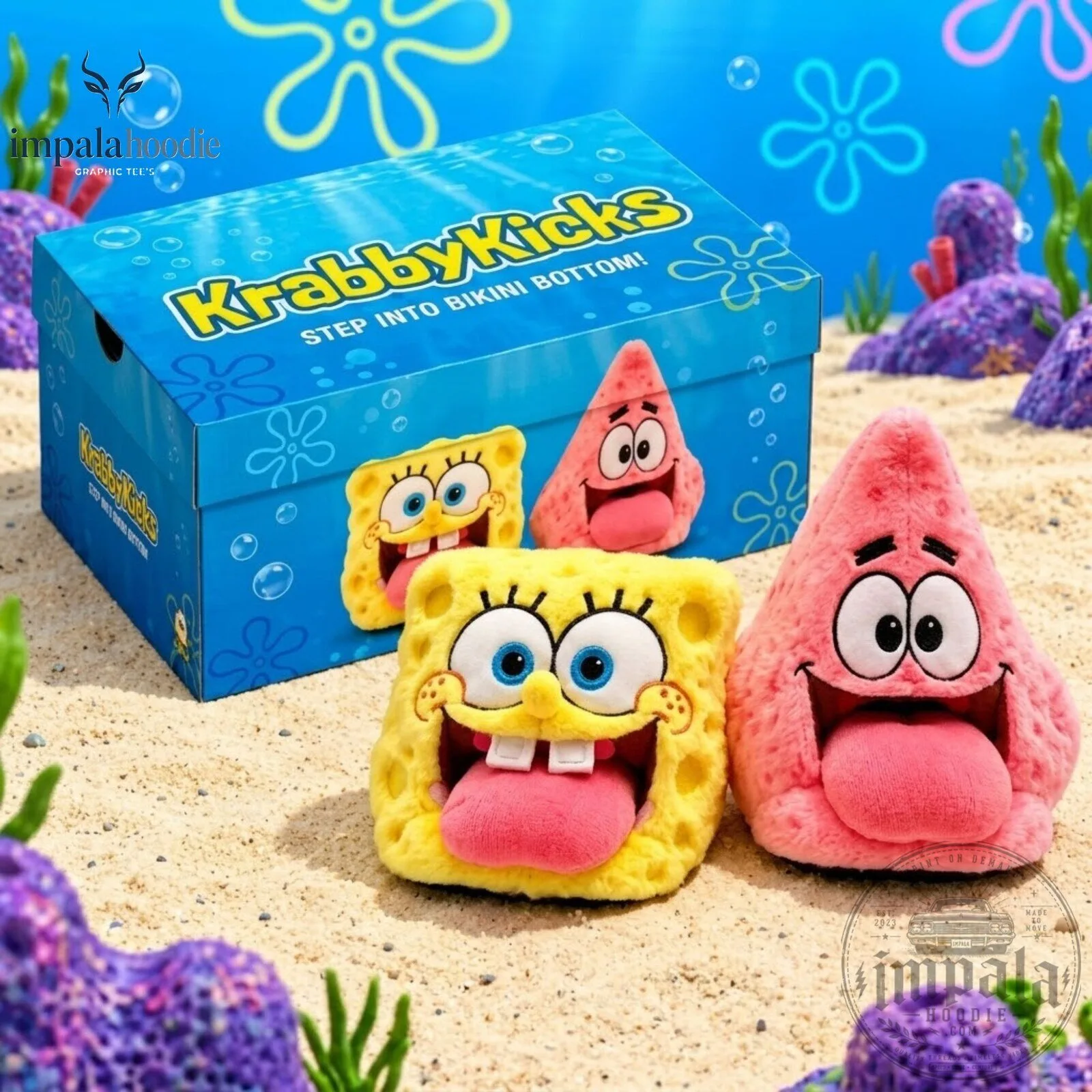 Krabby Kicks Spongebob And Patrick With Poke Out Tounge Plush Slipper