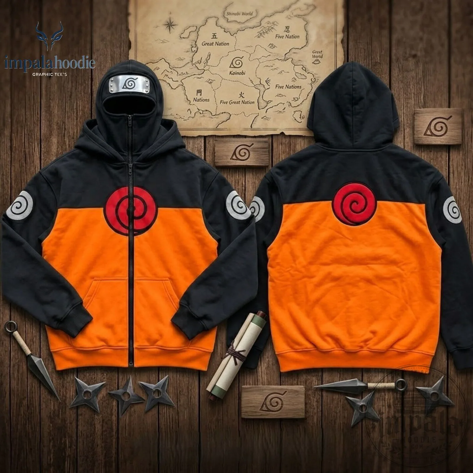 Naruto Uzumaki Konoha Symbol Orange And Black Zip Up Hoodie With Face Cover
