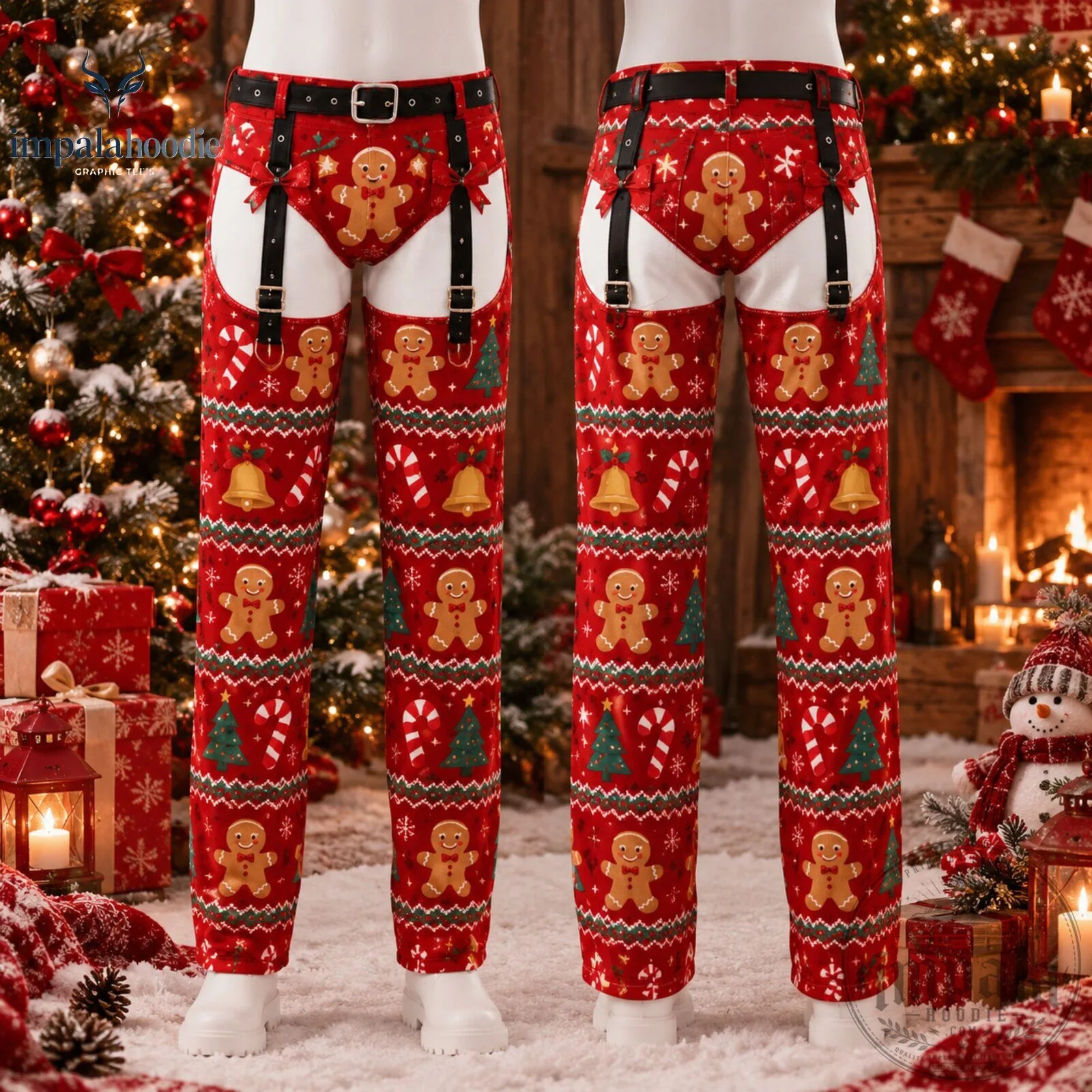 Gingerbread Man Red Ugly Christmas Pants With Suspender Straps